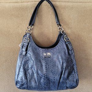 New COACH leather snakeskin embossed print "Maggie" bag in blue/silver